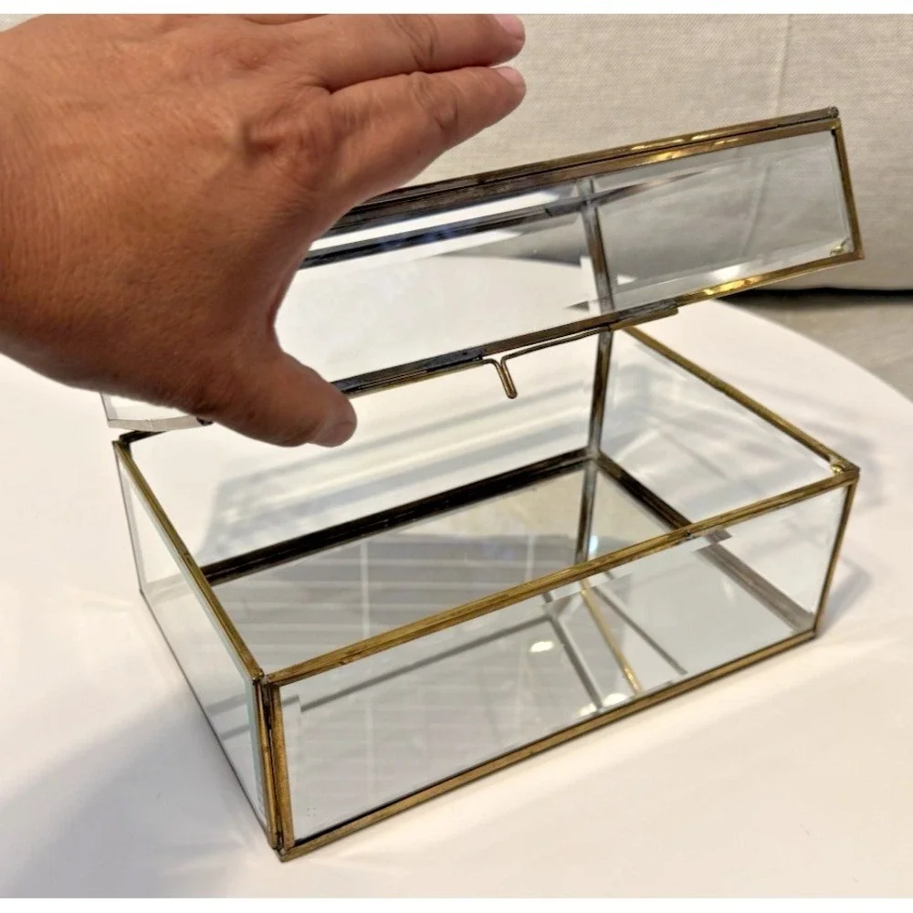 Vintage Enesco Glass Brass Large Curio Trinket Jewelry Box Display